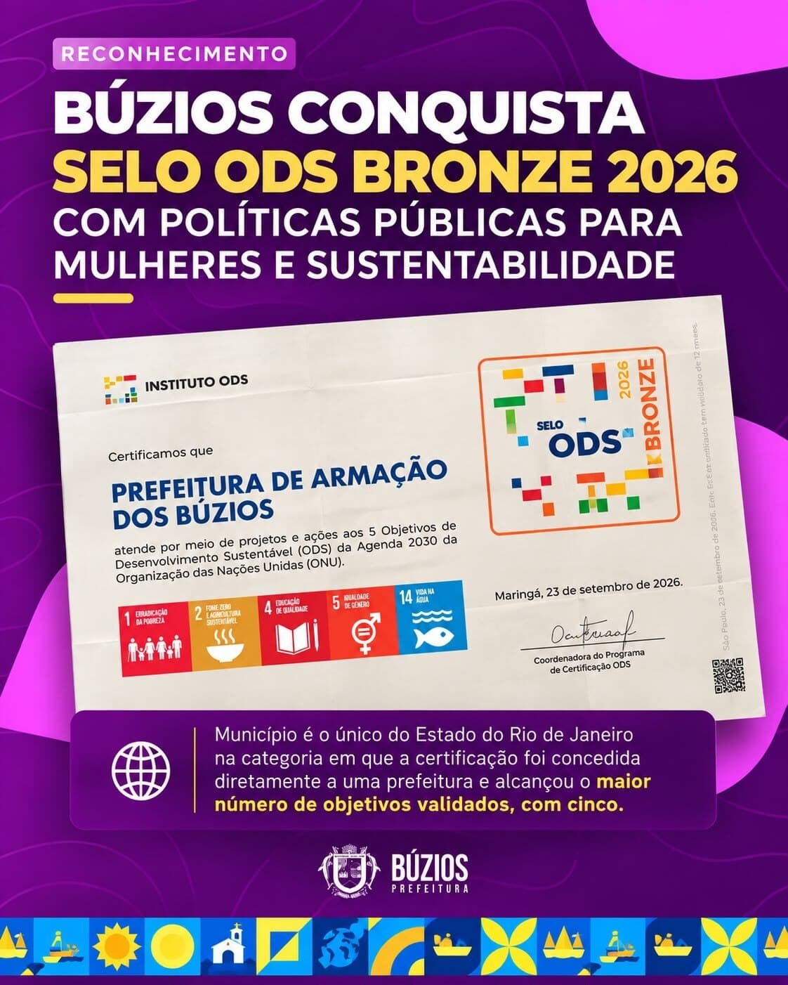 Búzios conquista Selo ODS Bronze 2026 com políticas para mulheres e sustentabilidade